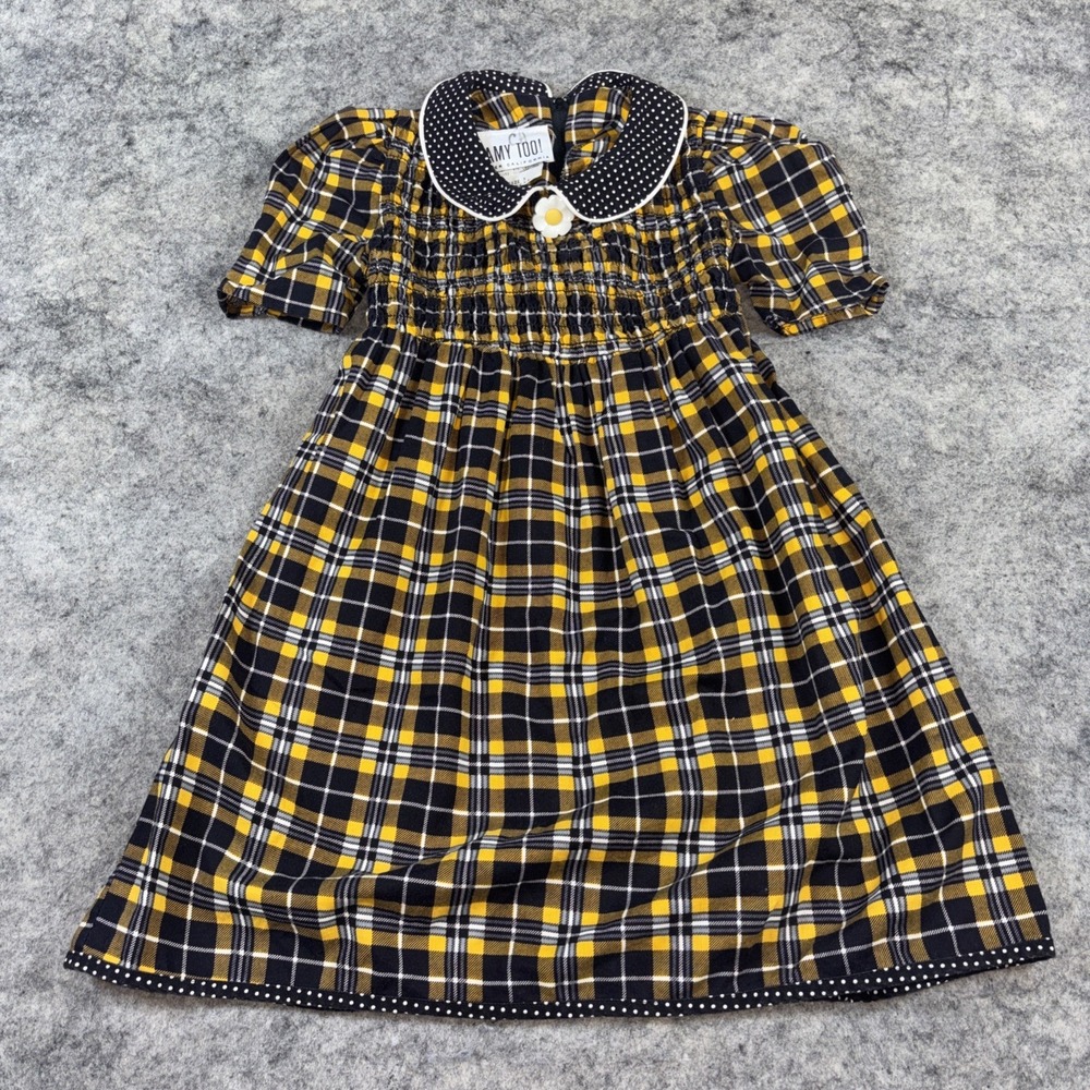 Vintage Amy Too! Dress‎ Girls 5 Black & Yellow Plaid Collard Flower Button Tie